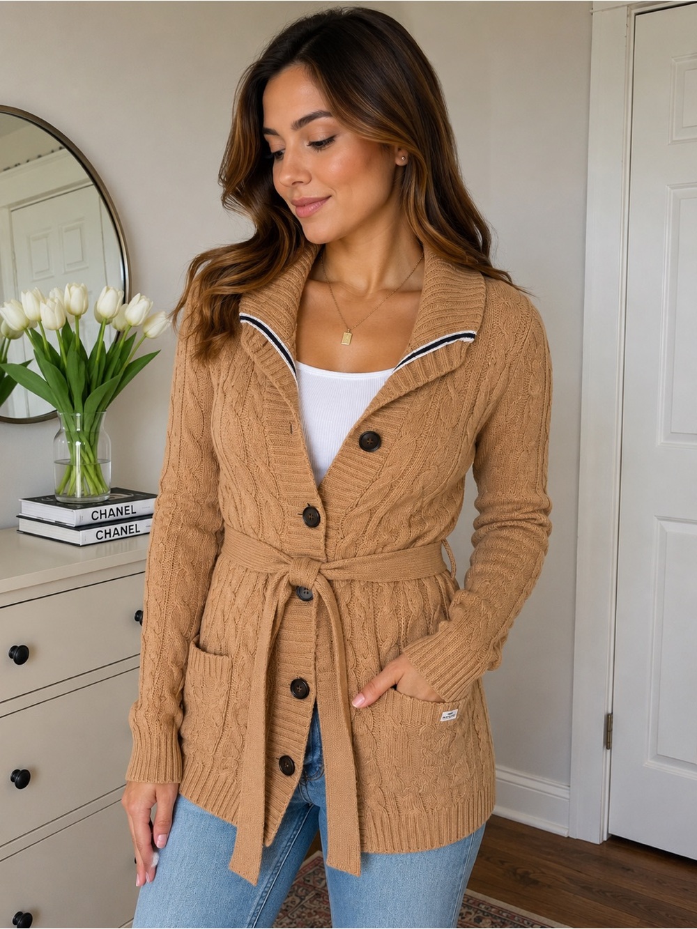 Timeout Los Angeles Heritage Cable Knit Belted Cardigan Sweater Camel Size S